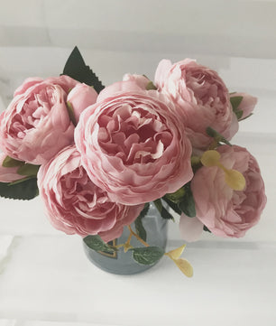 Roze Zijden Pioen Kunstboeket 30cm - 5 Grote Bloemen & 4 Knopen voor Decoratie