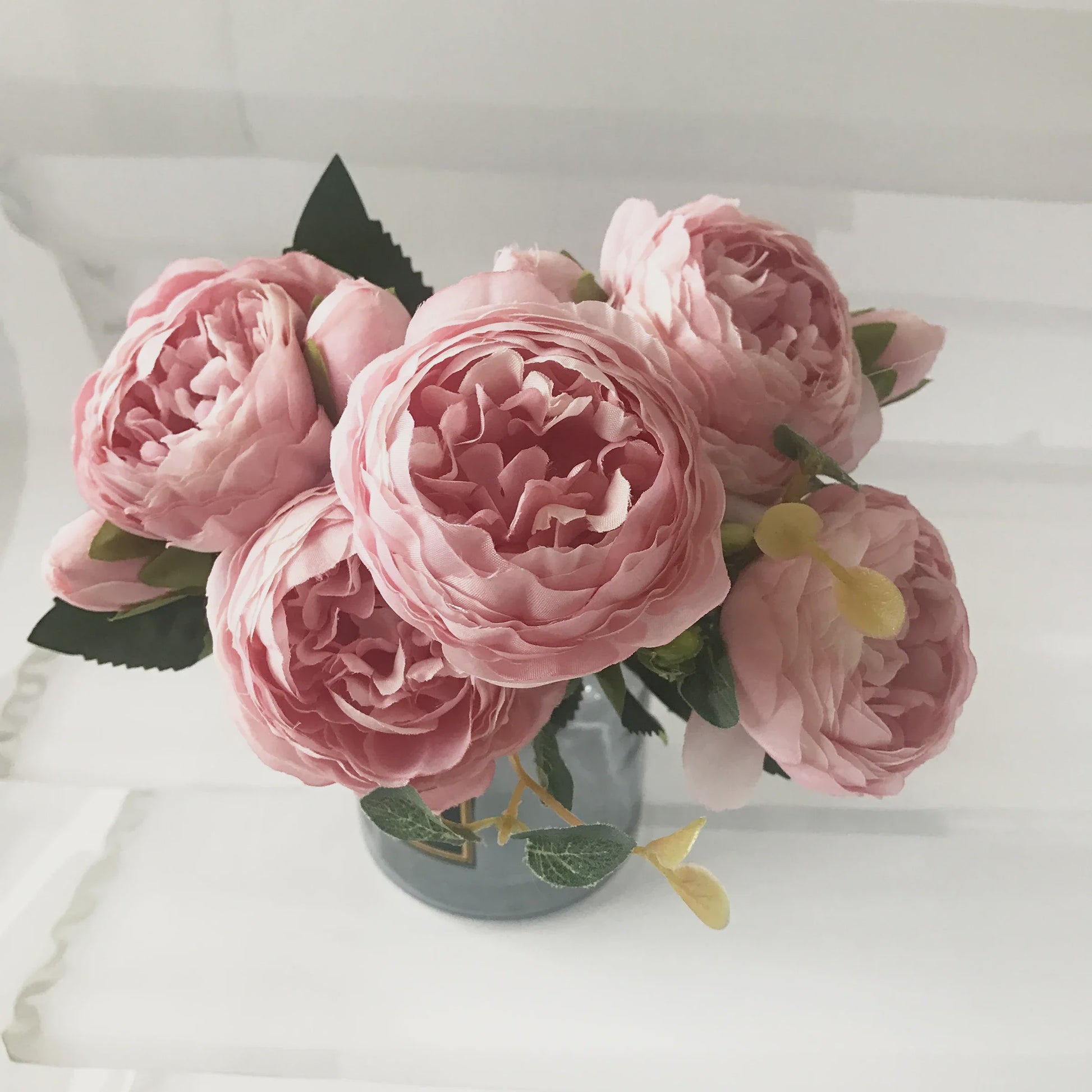 Roze Zijden Pioen Kunstboeket 30cm - 5 Grote Bloemen & 4 Knopen voor Decoratie