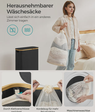 SONGMICS Wasmand met Deksel - 65L Grote Wasverzamelaar met Afneembare Zak en Bamboe Handvatten