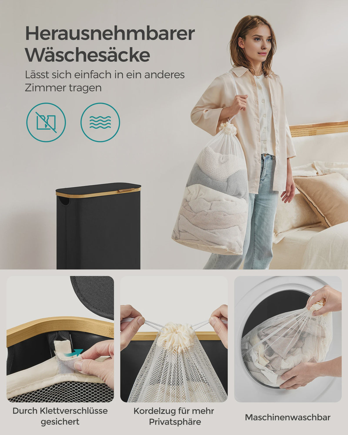 SONGMICS Wasmand met Deksel - 65L Grote Wasverzamelaar met Afneembare Zak en Bamboe Handvatten