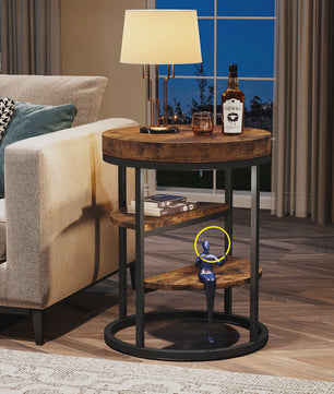Industriële Ronde Bijzettafel met 3 Opbergplanken - Perfect voor Kleine Ruimtes