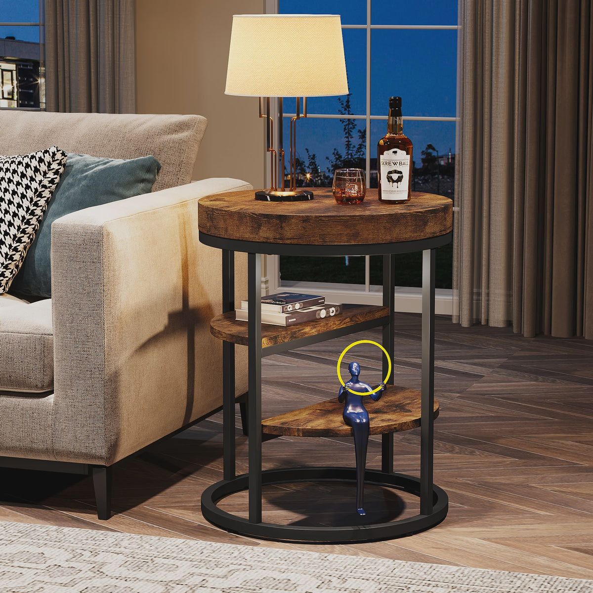 Industriële Ronde Bijzettafel met 3 Opbergplanken - Perfect voor Kleine Ruimtes