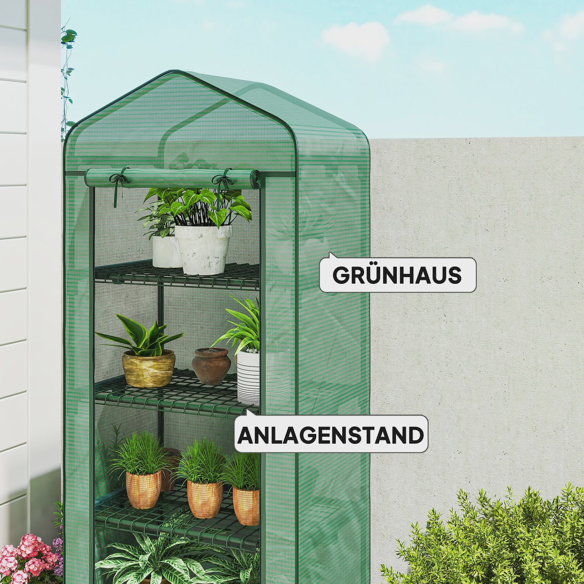 Outsunny Mini Kas met Wielen en 4 Planken - Compacte Film Kas voor Planten