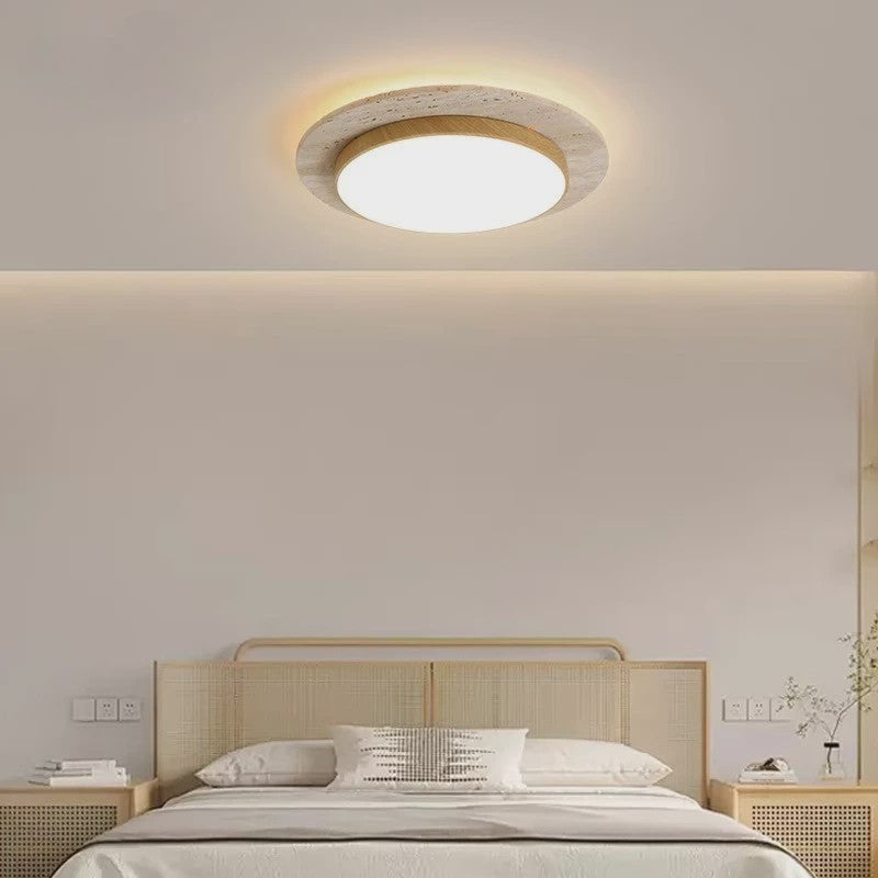 Wabi Sabi Travertin Plafondlamp 40W - Natuursteen & Houtkleur - 15.8 Inch