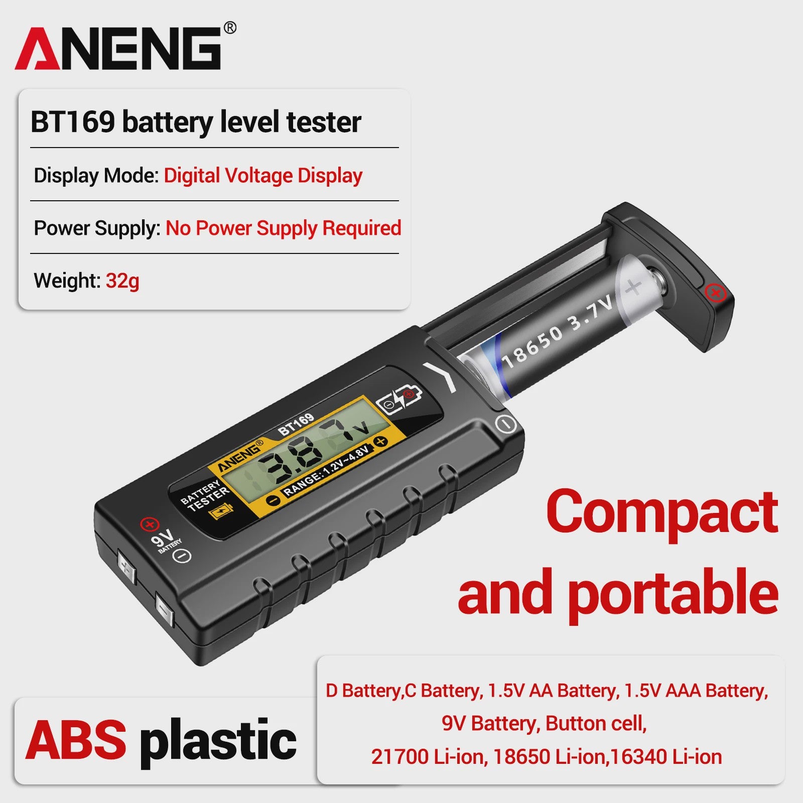 ANENG BT169 Batterij Tester: Meet AA, AAA, 9V, Lithium & Knoopcel Batterijen
