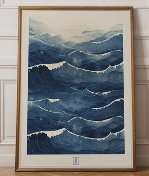 Abstracte Blauwe Golven Canvas Poster - Japandi Zen Stijl Wanddecoratie