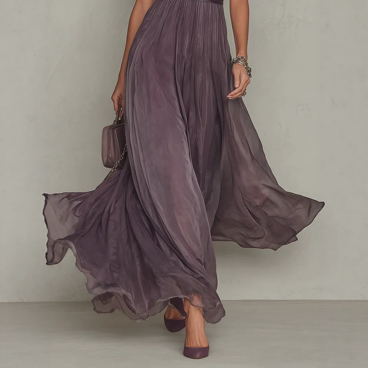 Elegante Lange Chiffon Jurk met Kant en Keyhole Hals - Dames Avondjurk