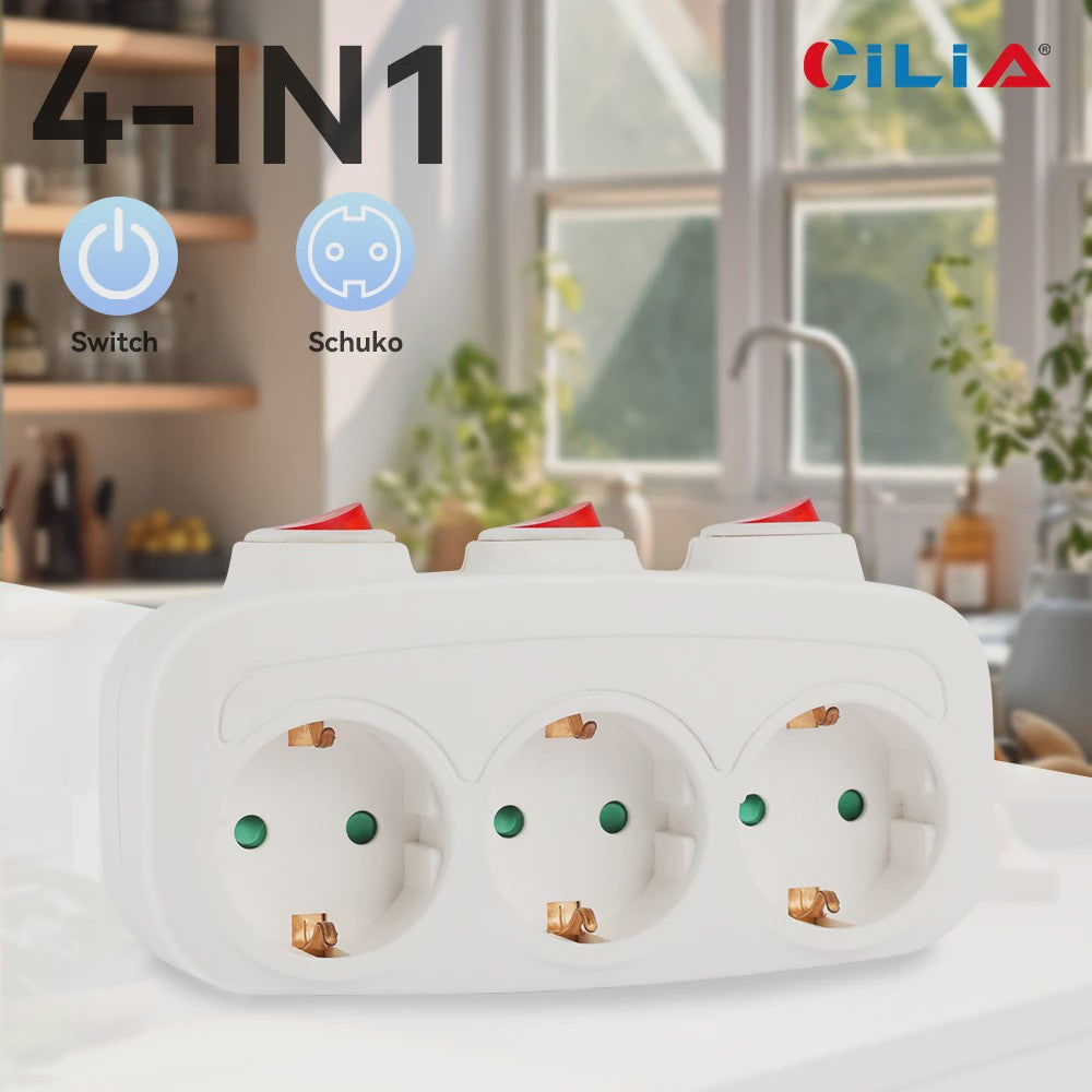 CILIA 3-in-1 Stekkerdoos met 3 Schakelaars - EU Schuko Stopcontacten