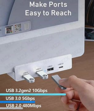 Aluminium USB 3.0/3.2 Hub met Clip: 5Gbps/10Gbps Docking Station voor Monitor & Bureau
