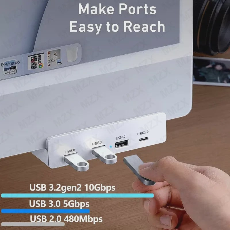 Aluminium USB 3.0/3.2 Hub met Clip: 5Gbps/10Gbps Docking Station voor Monitor & Bureau
