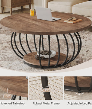 Industriële Ronde Salontafel met 2 Niveaus - 100cm - Houtlook & Metaal