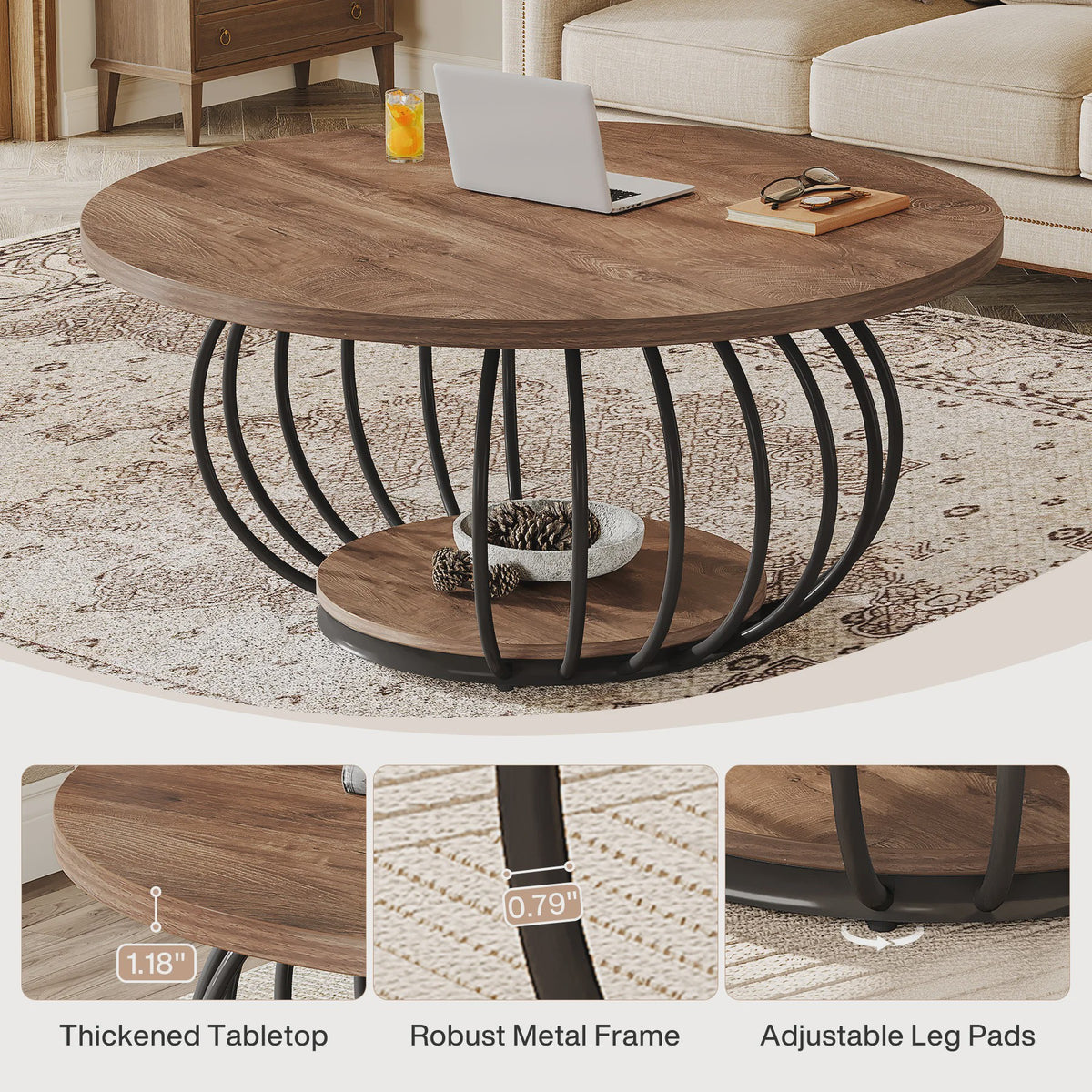 Industriële Ronde Salontafel met 2 Niveaus - 100cm - Houtlook & Metaal