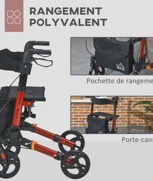 Opvouwbare Aluminium Rollator met 4 Wielen, Verstelbare Hoogte, Dubbele Remmen en Opbergtas - Rood