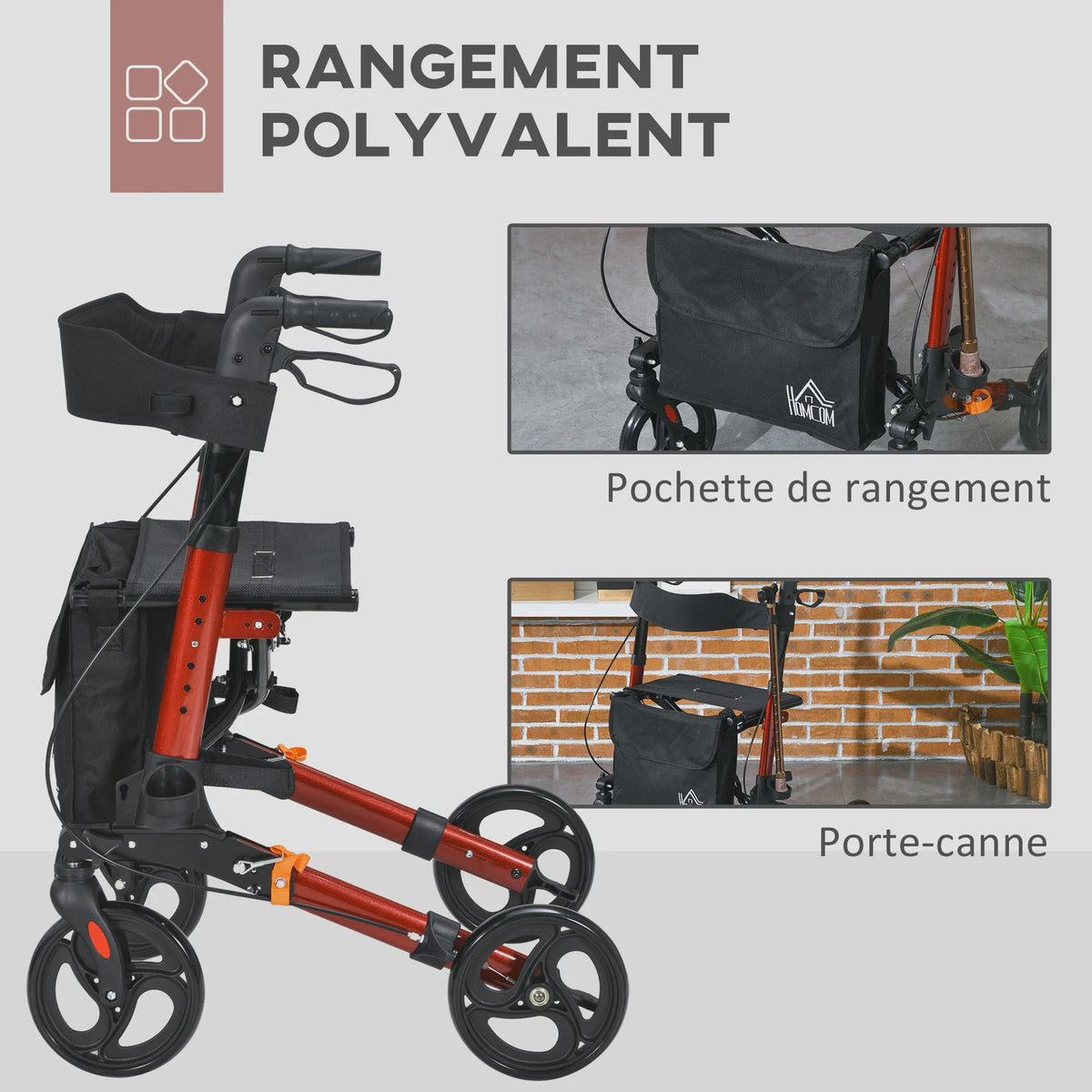 Opvouwbare Aluminium Rollator met 4 Wielen, Verstelbare Hoogte, Dubbele Remmen en Opbergtas - Rood