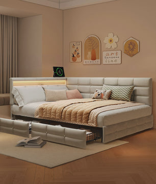 Multifunctioneel Sofa Bed met LED Verlichting, USB Opladen en 2 Lades - 90/140x200cm