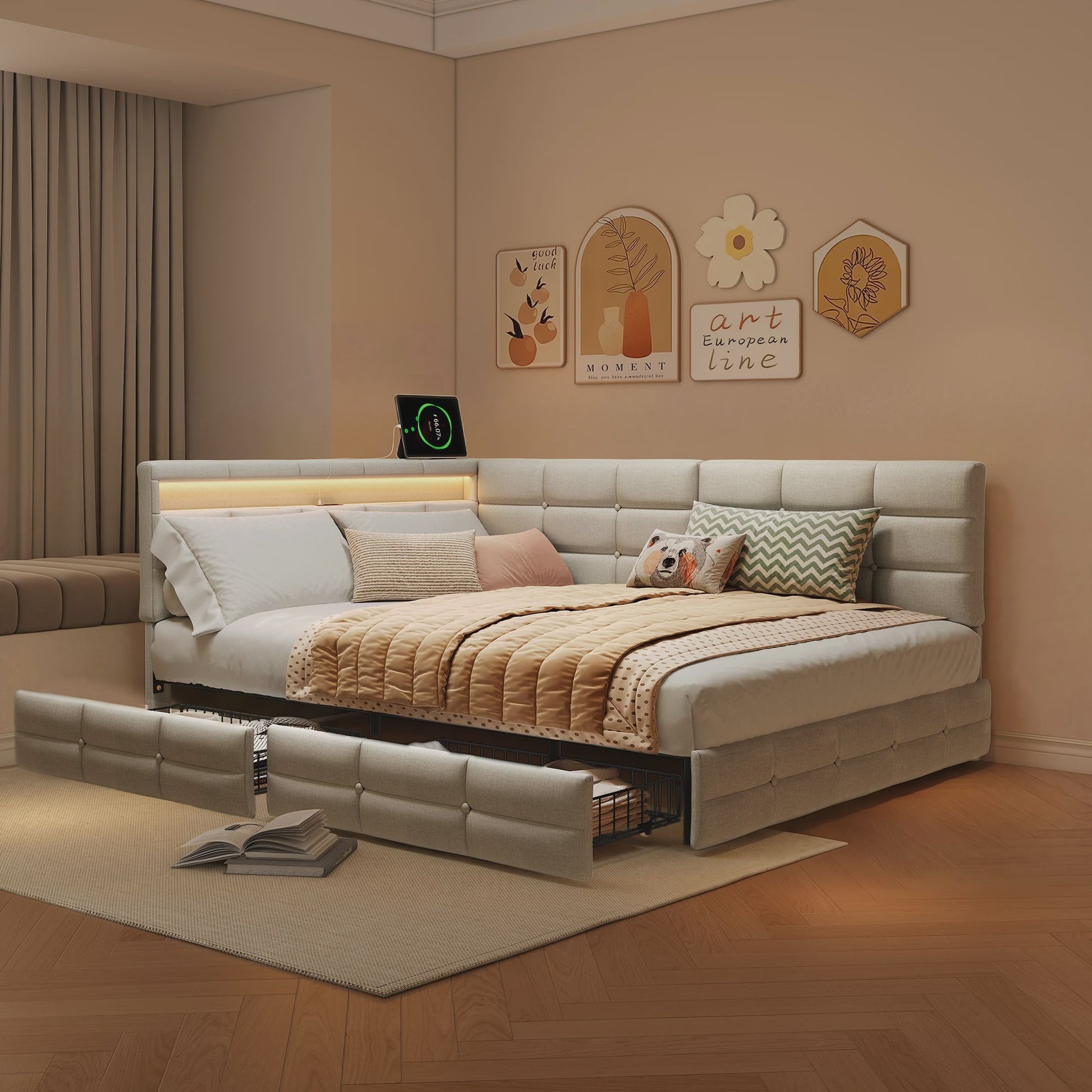 Multifunctioneel Sofa Bed met LED Verlichting, USB Opladen en 2 Lades - 90/140x200cm