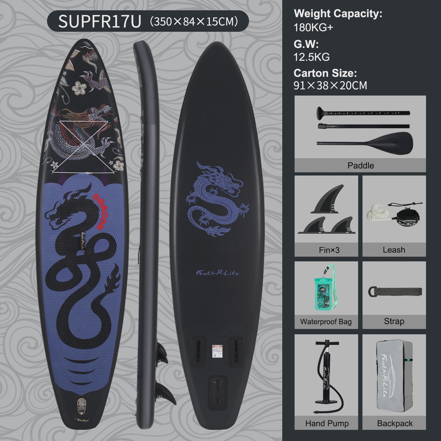 Feath-R-Lite Dragon Inflatable SUP Board 350cm - Compleet met Peddel, Pomp & Accessoires - 180kg Draagvermogen