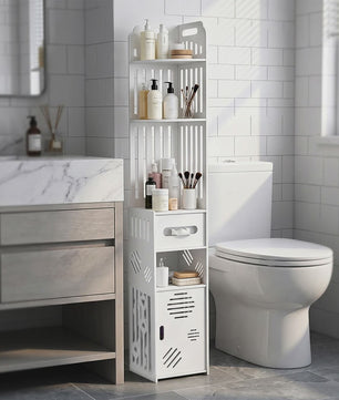 Stijlvolle Witte Hoek Badkamerkast met Verstelbare Planken en Toiletrolhouder - 20x19x120cm