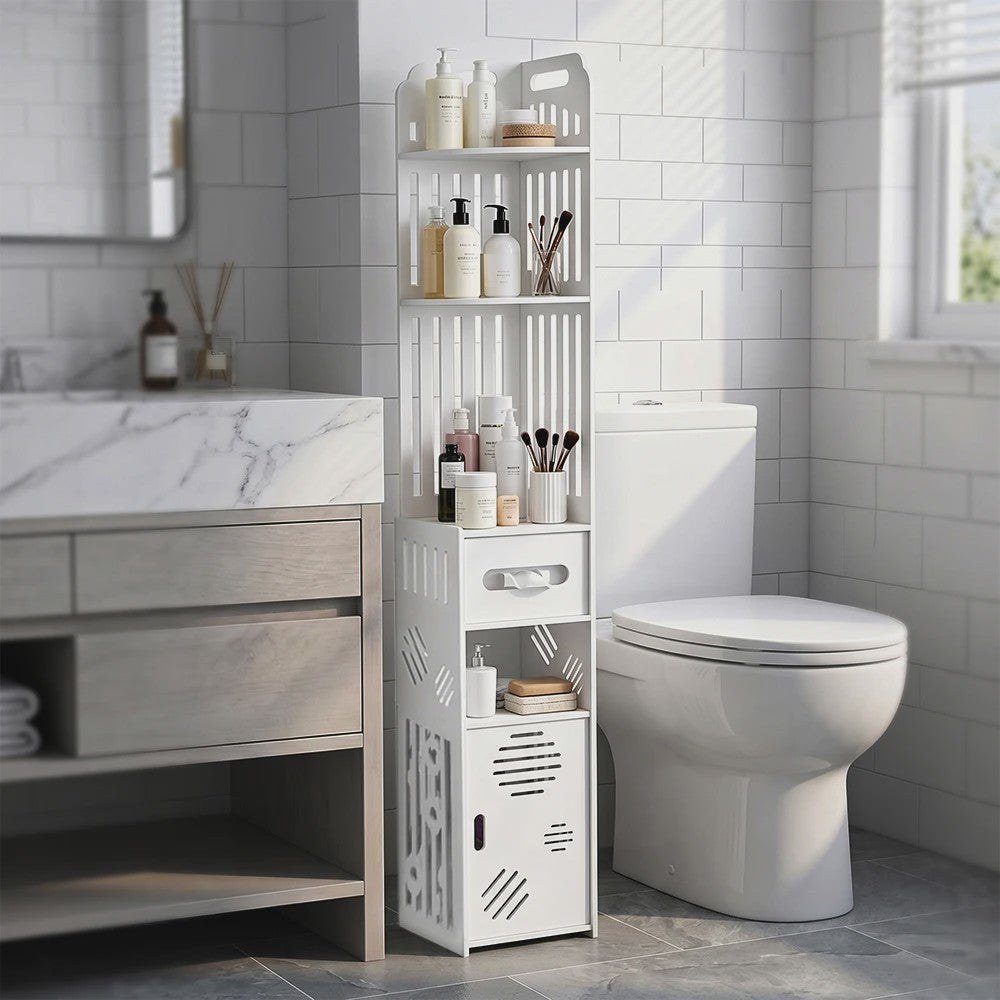 Stijlvolle Witte Hoek Badkamerkast met Verstelbare Planken en Toiletrolhouder - 20x19x120cm