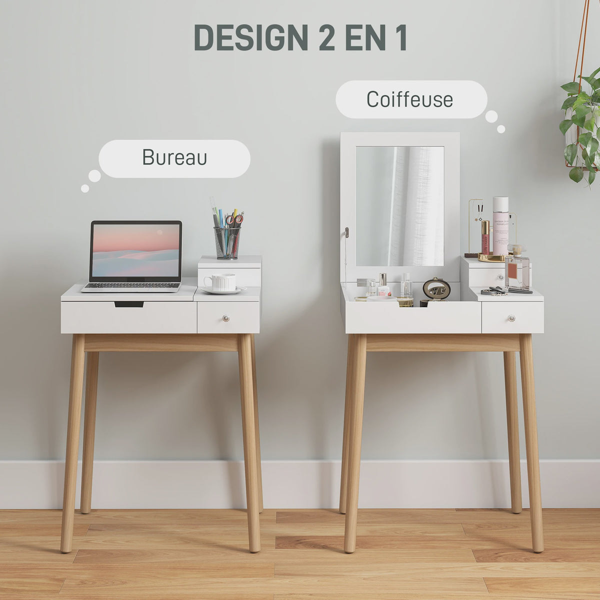 HOMCOM Kaptafel met Spiegel en 2 Lades - Modern Wit Design voor Slaapkamer of Woonkamer