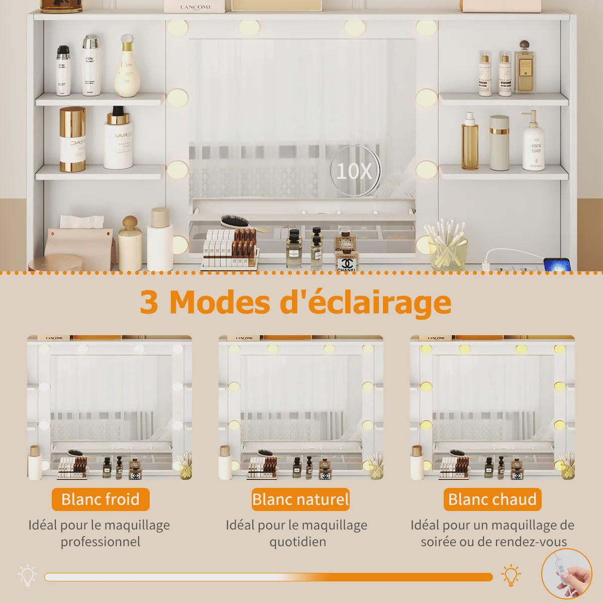 Luxe Kaptafel met Spiegel, Verlichting, Stopcontact & Kruk - Wit