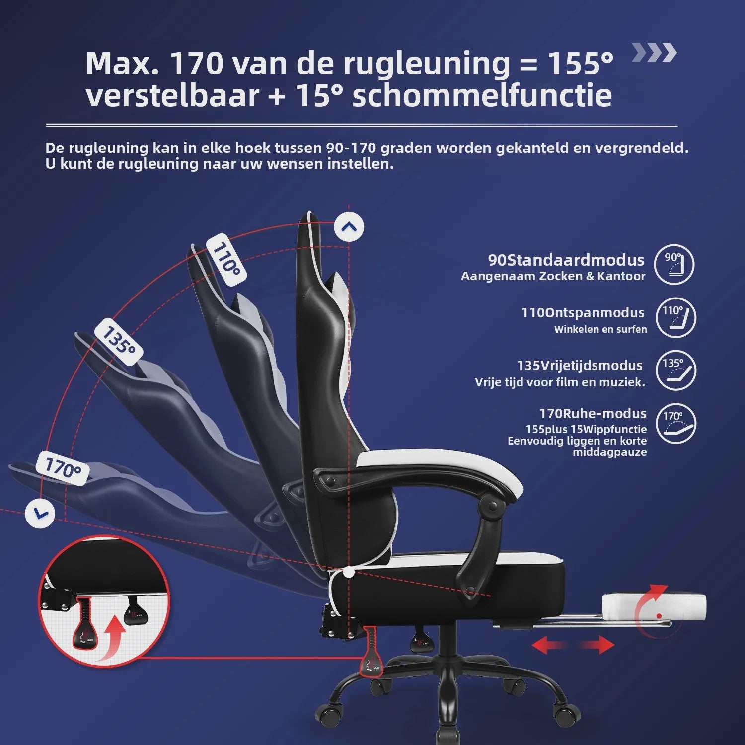 Ergonomische Gaming Stoel met Verstelbare Rugleuning, Lendensteun en Voetensteun - Max 150kg