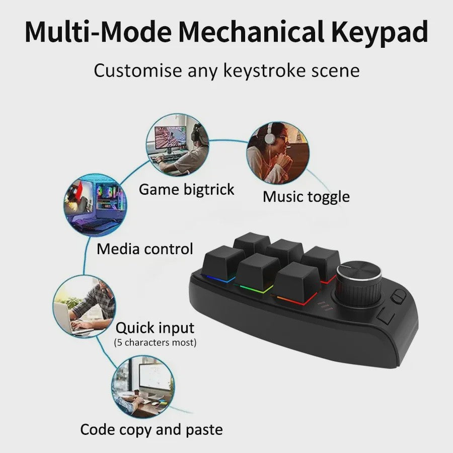 Compact 6-Key Macro Mini Toetsenbord met Draaiknop - USB & Bluetooth, Hot-swap, Programmeerbaar