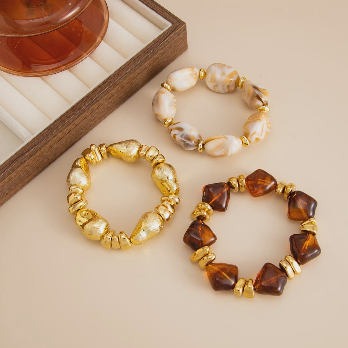 Set van 3 Bohemian Kralenarmbanden - Vintage Stijl Acryl & Goudkleurig