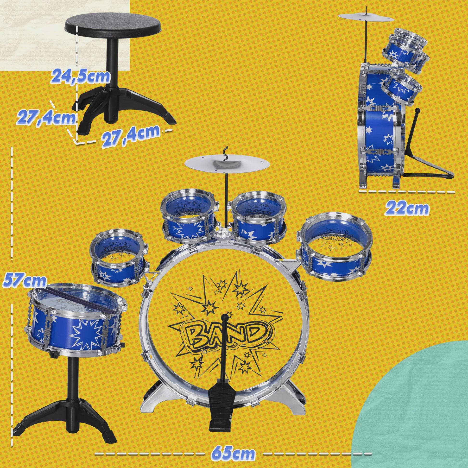 Aiyaplay Kinder Drumstel met Sterren Thema en Krukje - 65x22x57 cm