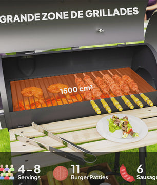 Outsunny Charcoal Smoker BBQ Grill met Thermometer, Wielen en Zijplanken - Zwart