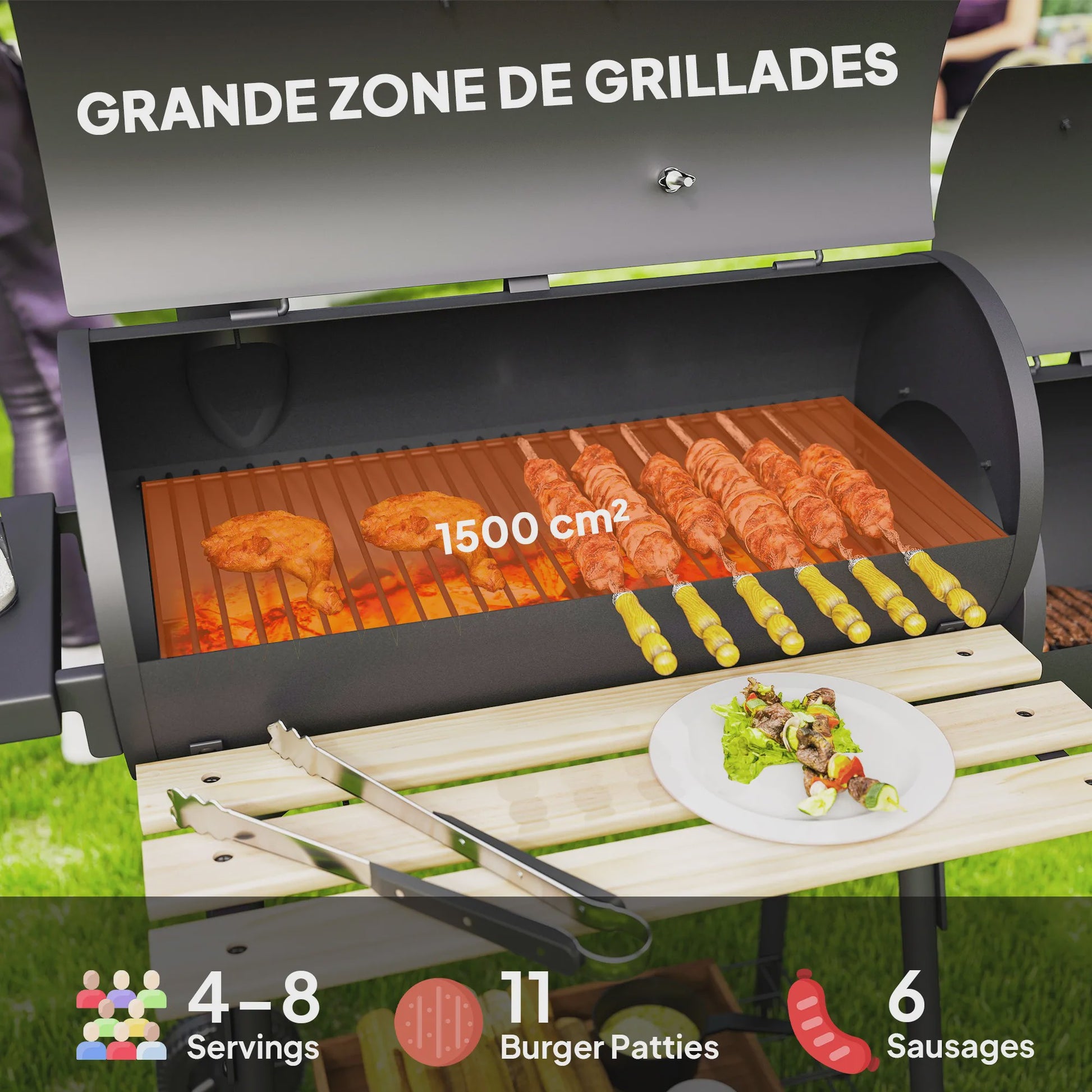 Outsunny Charcoal Smoker BBQ Grill met Thermometer, Wielen en Zijplanken - Zwart