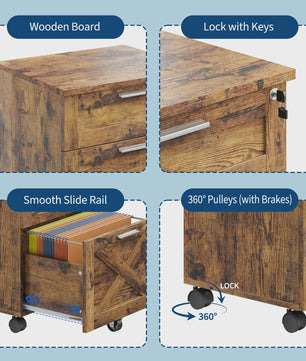 Mobiel 3-Laden Archiefkastje met Slot - Vintage Hout - Onder Bureau - Verrijdbaar Kantoor Opbergkast