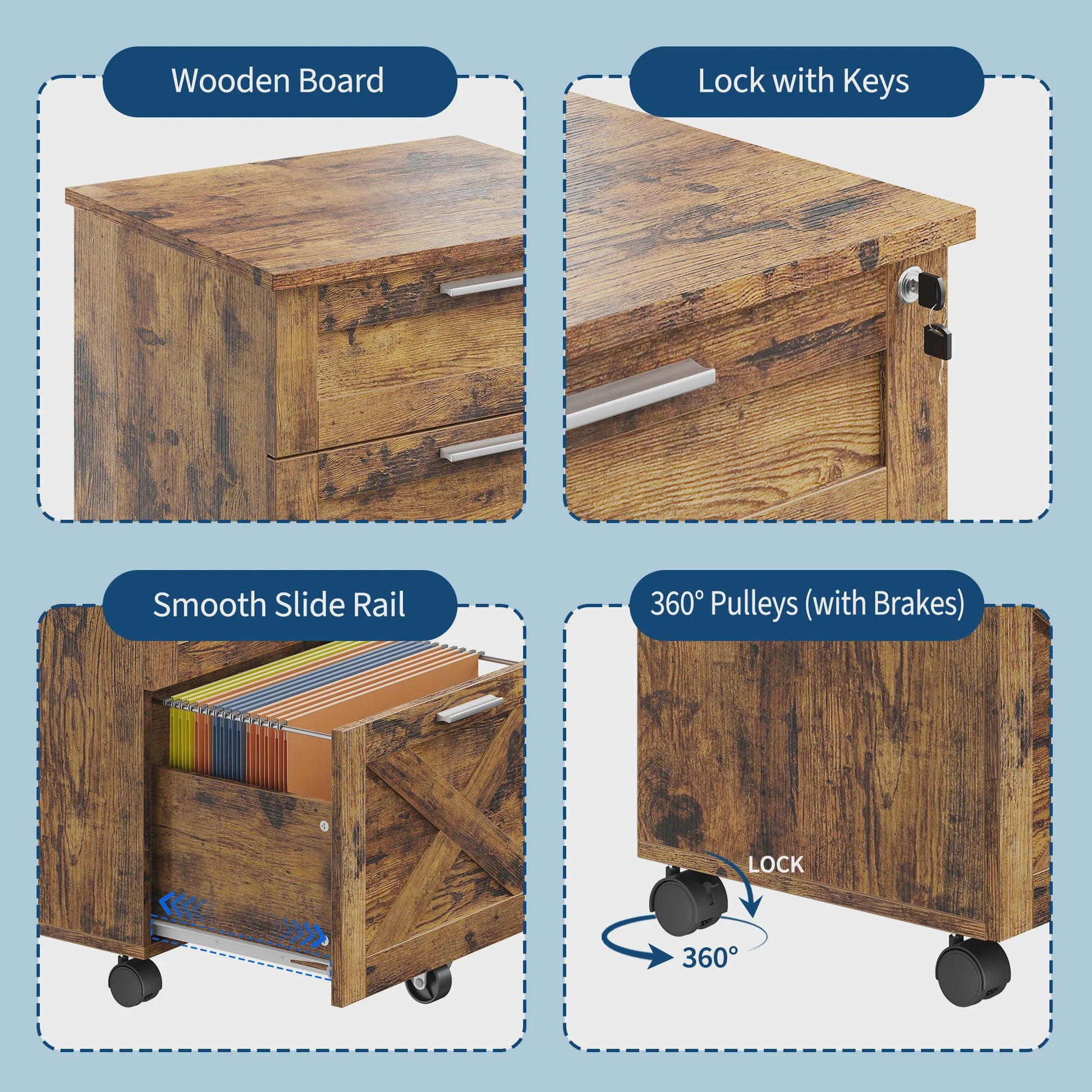 Mobiel 3-Laden Archiefkastje met Slot - Vintage Hout - Onder Bureau - Verrijdbaar Kantoor Opbergkast