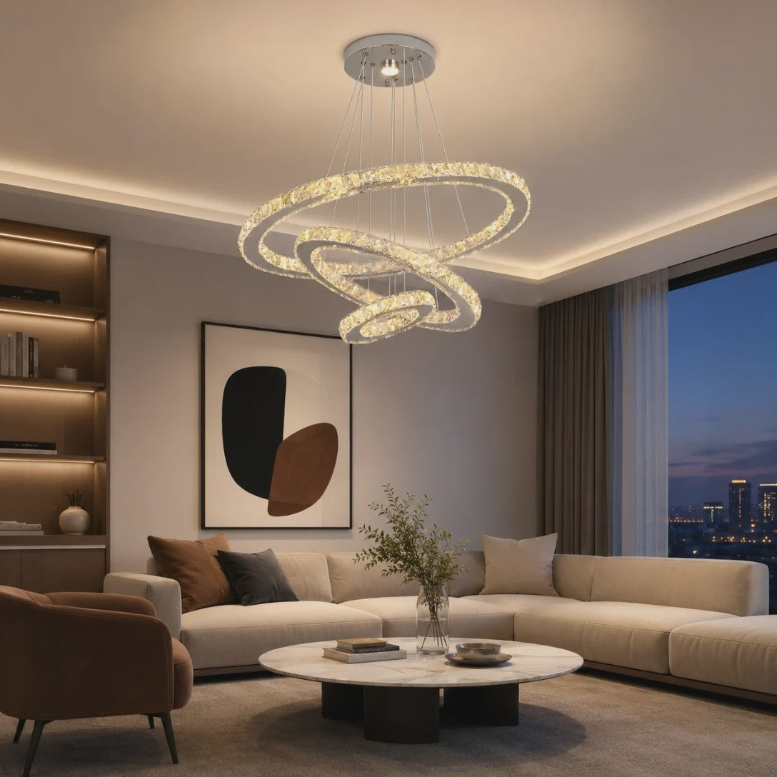 Luxe Kristallen Plafondlamp 3 Ringen LED Hanglamp - Sfeervolle Verlichting