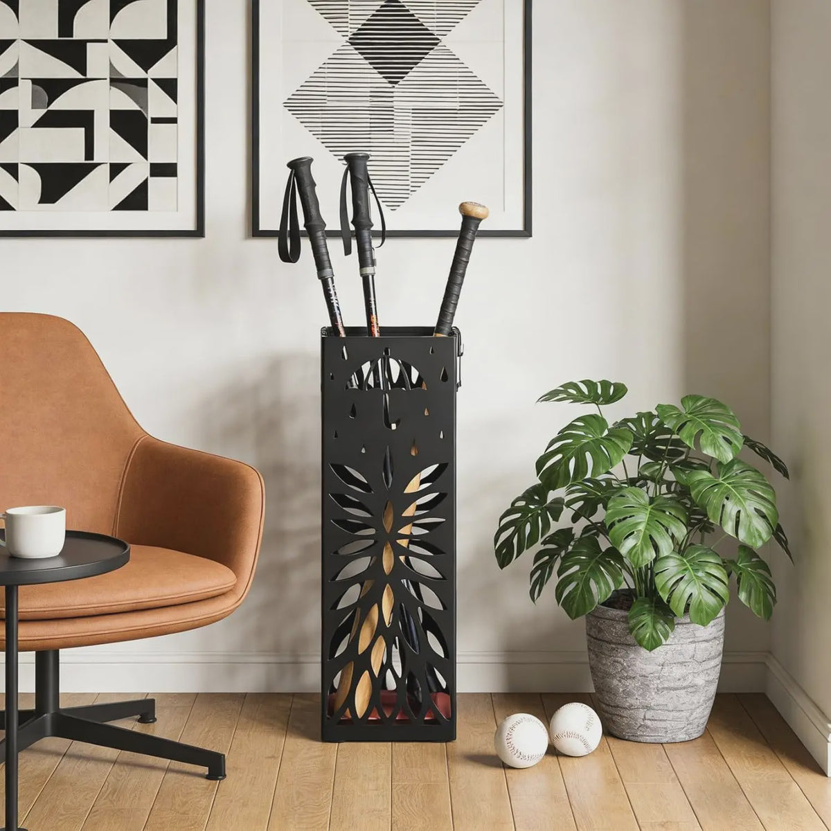 Stijlvolle Metalen Paraplubak met Haak en Opvangbak - Decoratieve Entree Organizer
