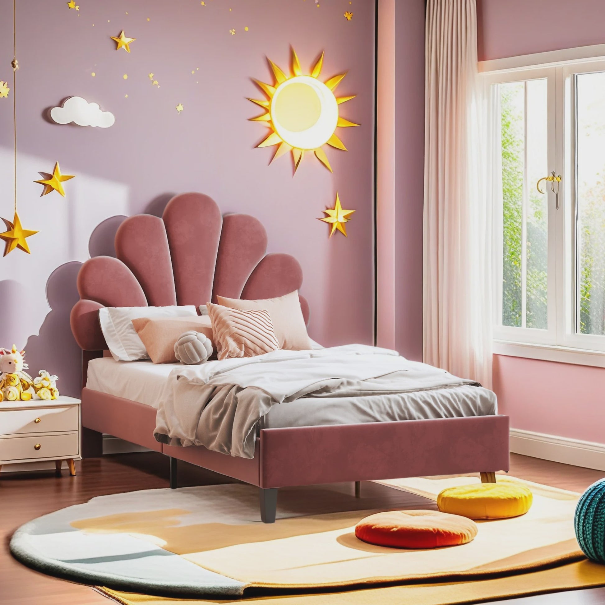 Kinderbed met Verstelbaar Hoofdbord en Bloemmotief - Velours - Meisjesbed