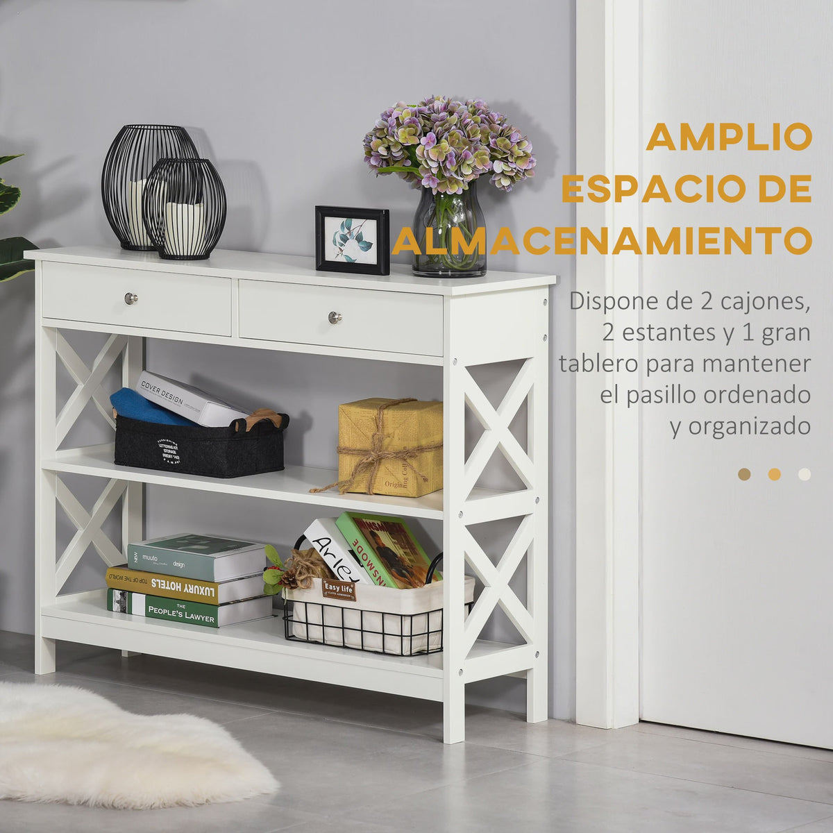 Witte Console Tafel met 2 Lades en 2 Open Vakken - 100x30.5x80cm