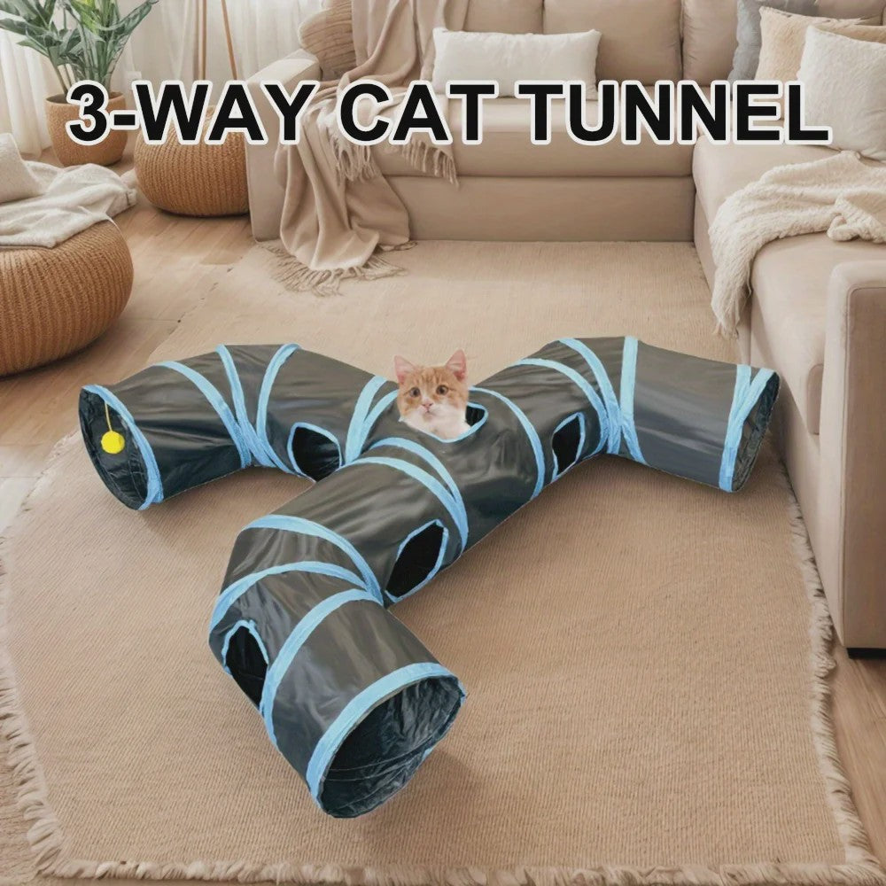 Uitgebreide 3-Weg Katten Tunnel Speelgoed met Speeltjes en Ontdekkingluiken