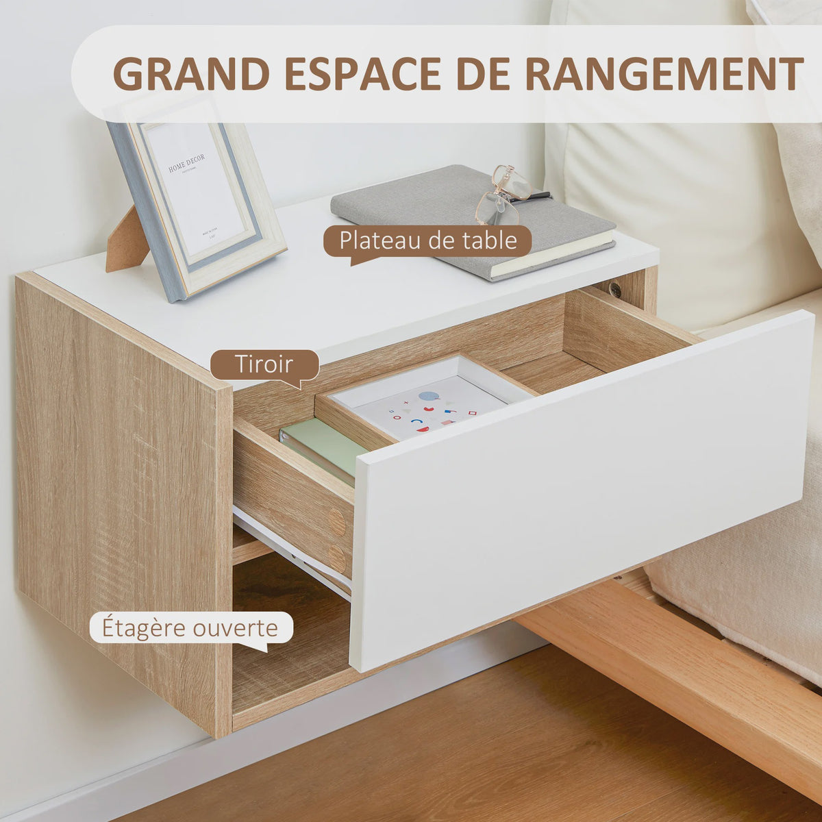 Set van 2 Nachtkastjes Zwevend - Wandmontage - Met Lade en Open Vak - Tweekleurig Houtlook