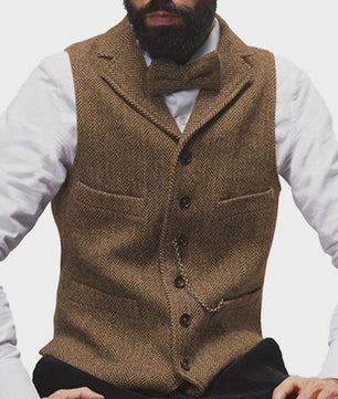 Herentrui Gilet Wol Tweed Visgraat Bruin - Klassiek Gilet voor Bruiloft & Feest