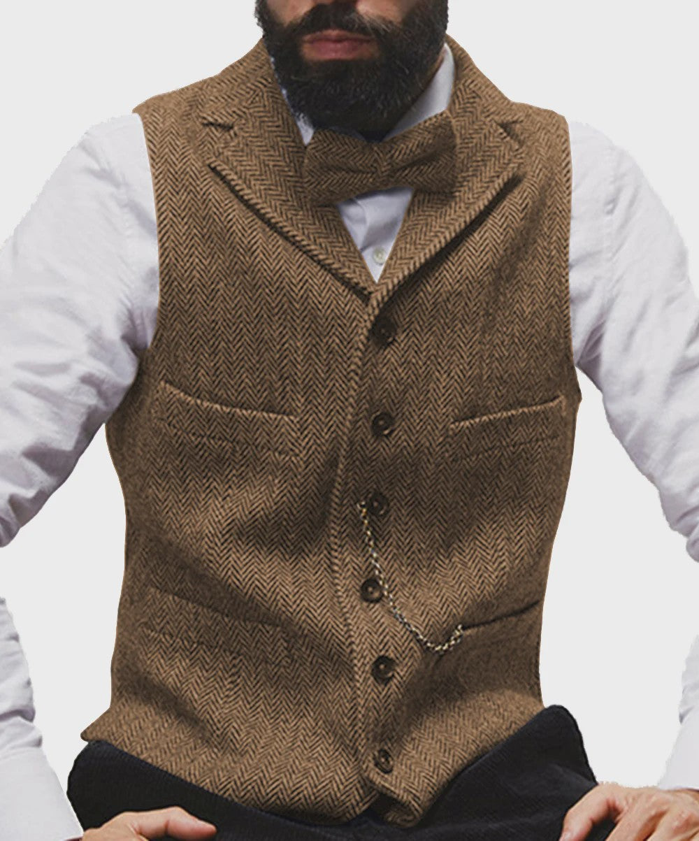 Herentrui Gilet Wol Tweed Visgraat Bruin - Klassiek Gilet voor Bruiloft & Feest