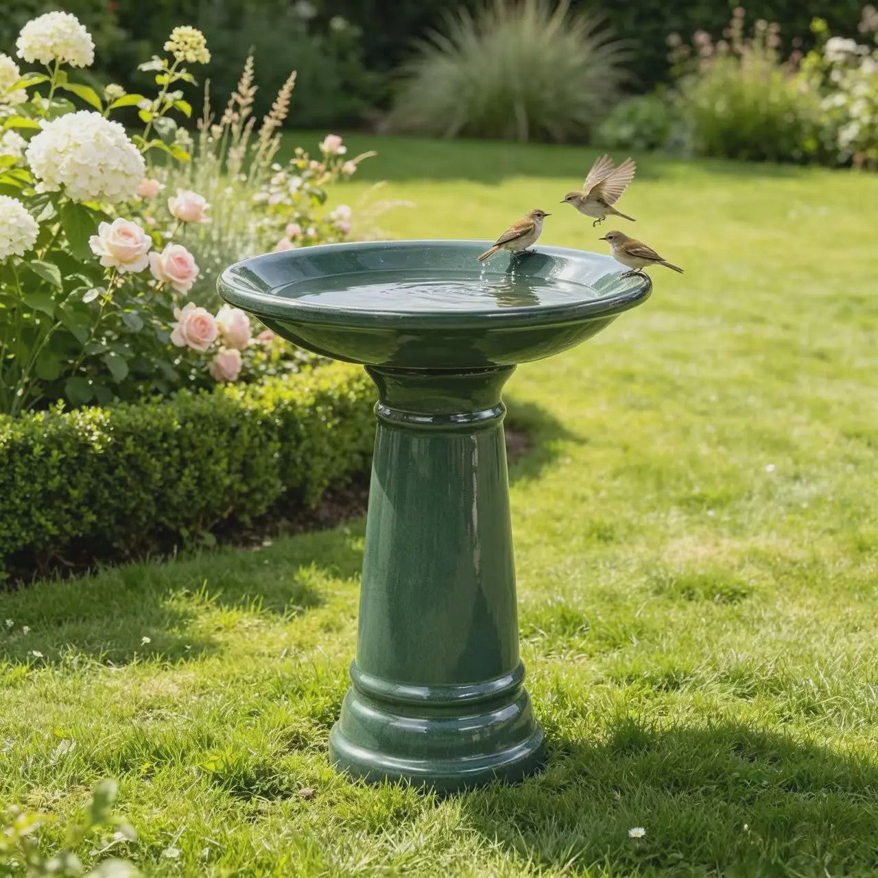 Handgemaakt Stenen Vogelbad Donkergroen Glanzend - Weerbestendig & Vorstbestendig voor Tuin, Terras, Balkon