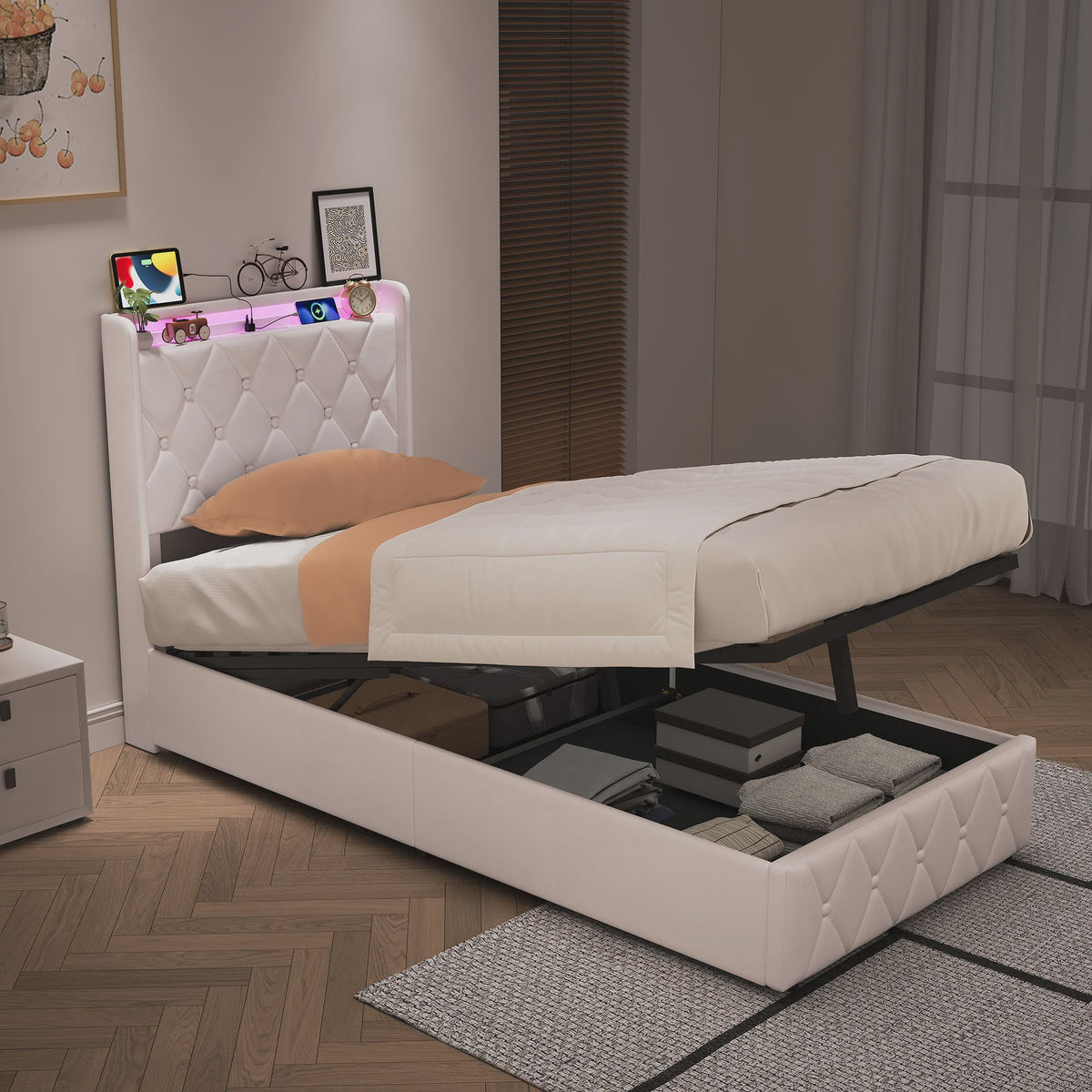Modern Gestoffeerd Bed met Hydraulische Opbergruimte - 90x200cm of 140x200cm