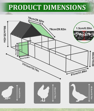 Ruime Metalen Kippenren 319cm - Walk-in Kippenhok met Dak en Nylon Netting