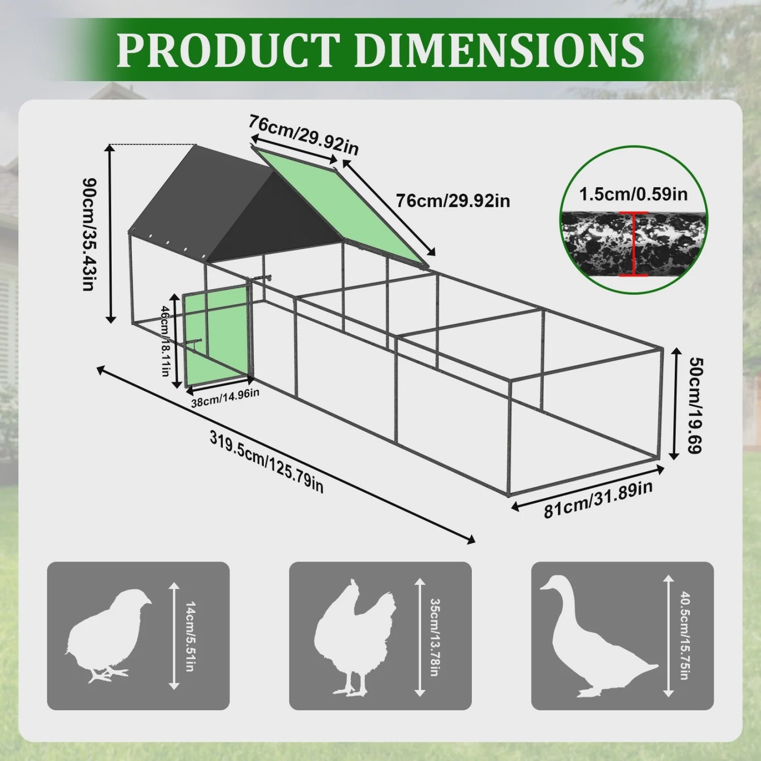 Ruime Metalen Kippenren 319cm - Walk-in Kippenhok met Dak en Nylon Netting