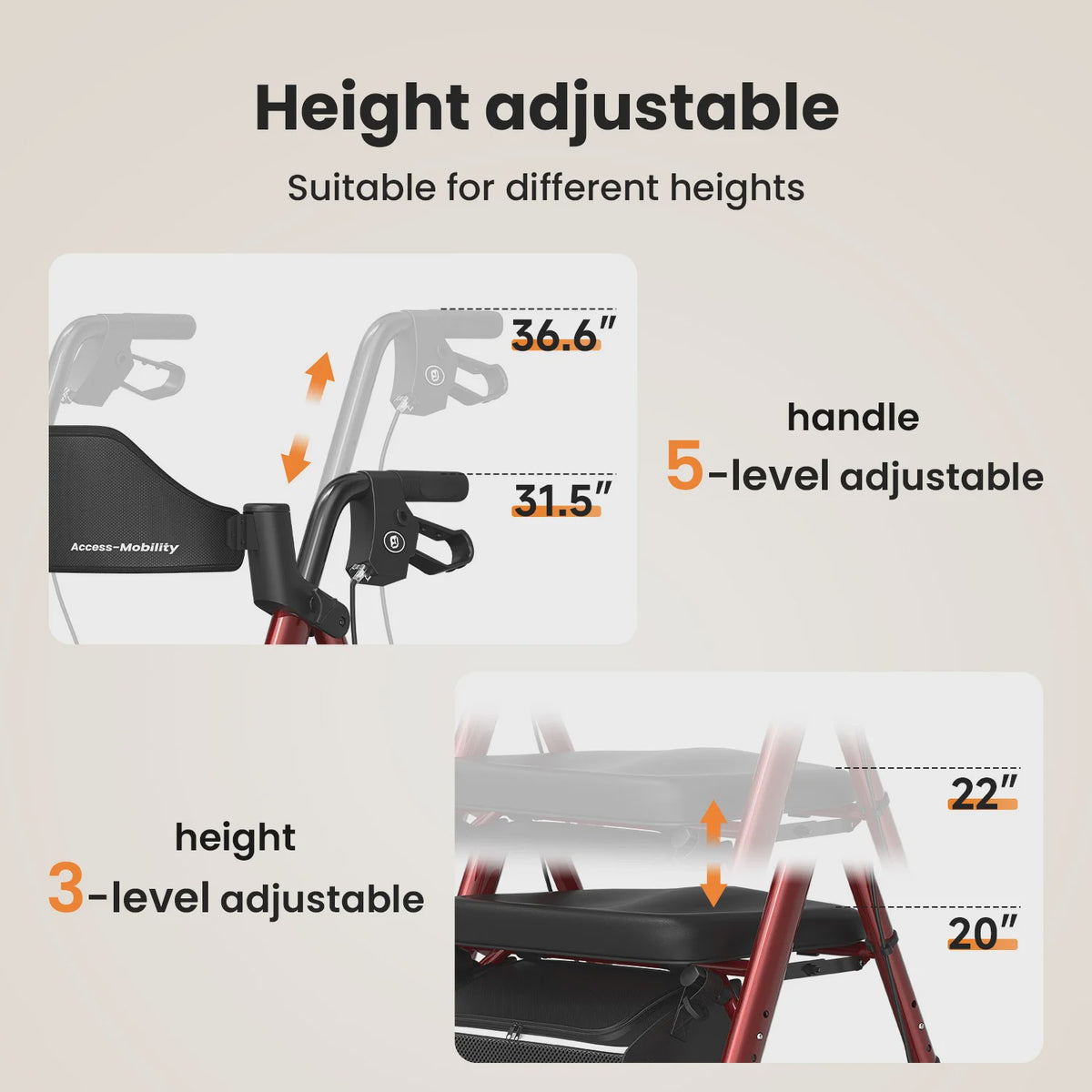 MaiDeSiTe Inklapbare Rollator met Zitje en Grote 8-inch Wielen - Duurzaam Aluminium