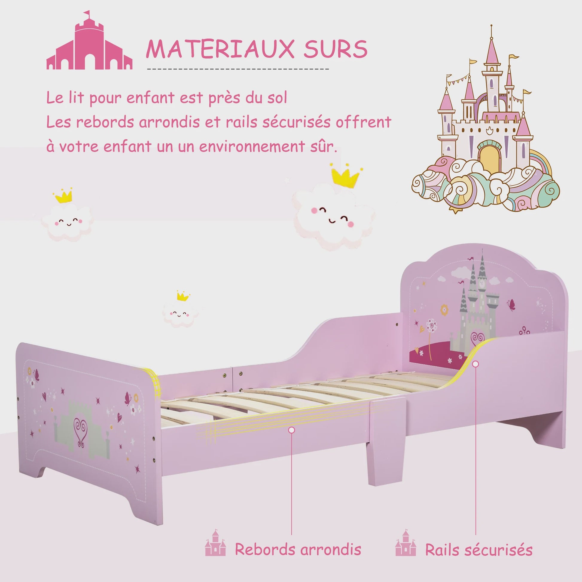 Roze Kinderbed Prinses Kasteel Design 140x70 cm met Lattenbodem - MDF