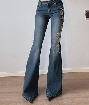 Dames Jeans met Retro Bloemenborduurwerk - Y2k Stijl Flared Broek