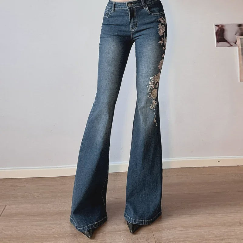 Dames Jeans met Retro Bloemenborduurwerk - Y2k Stijl Flared Broek