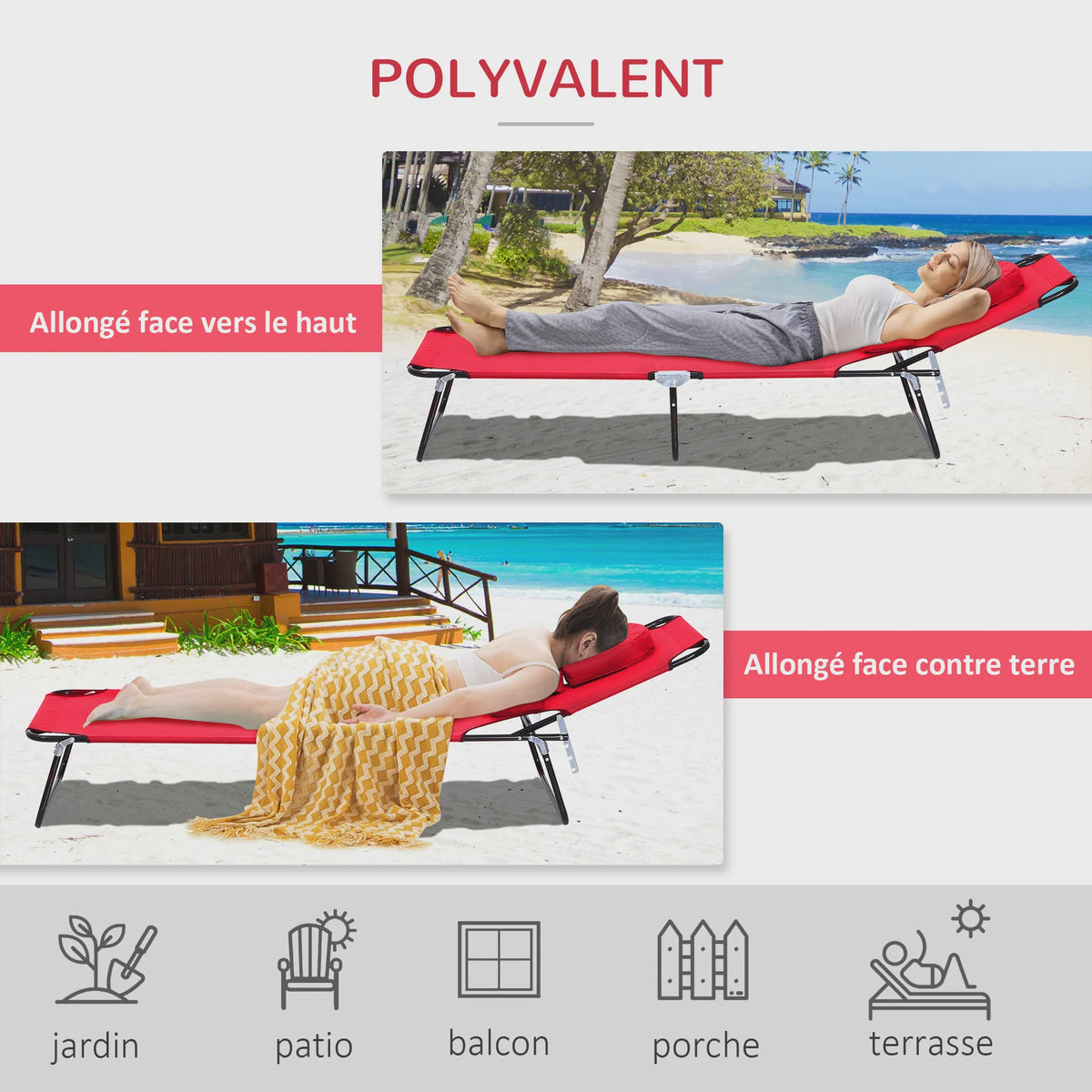 Outsunny Verstelbare Loungestoel / Ligbed met 3 Kussens - Rood